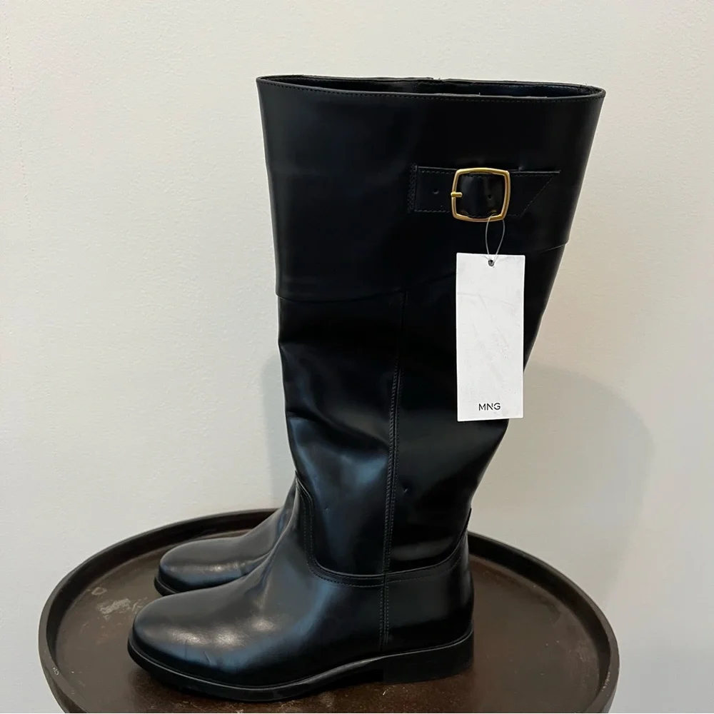 NWT Mango Black Leather Knee-High Riding Boots size 8 (38)